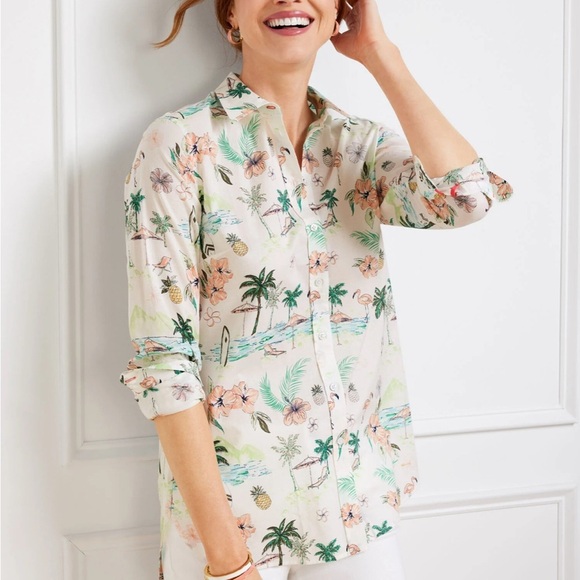 Talbots Floral Modern Classic Button Down Shirt Scenic Beach Tropical Size PXL - Picture 1 of 9